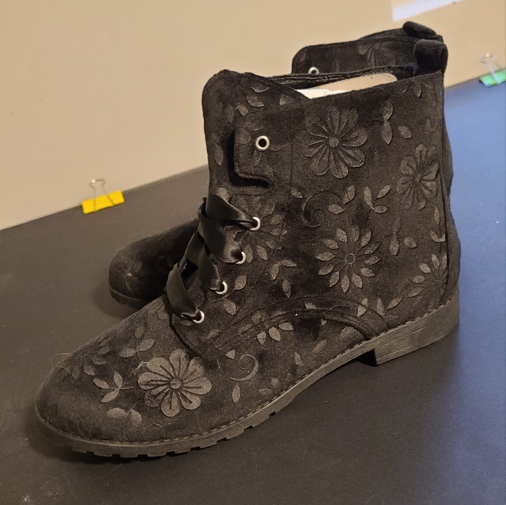 Brash Velvet Floral Embossed Lace Up Boots
